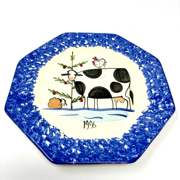 Molly Dallas Spatterware Cow Folk Art Pottery Small Octagon Christmas Plate 1996 - Picture 1 of 6